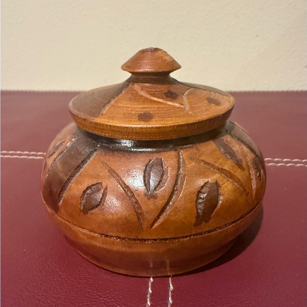 Hand Carved Wooden Trinket Bowl with Lid